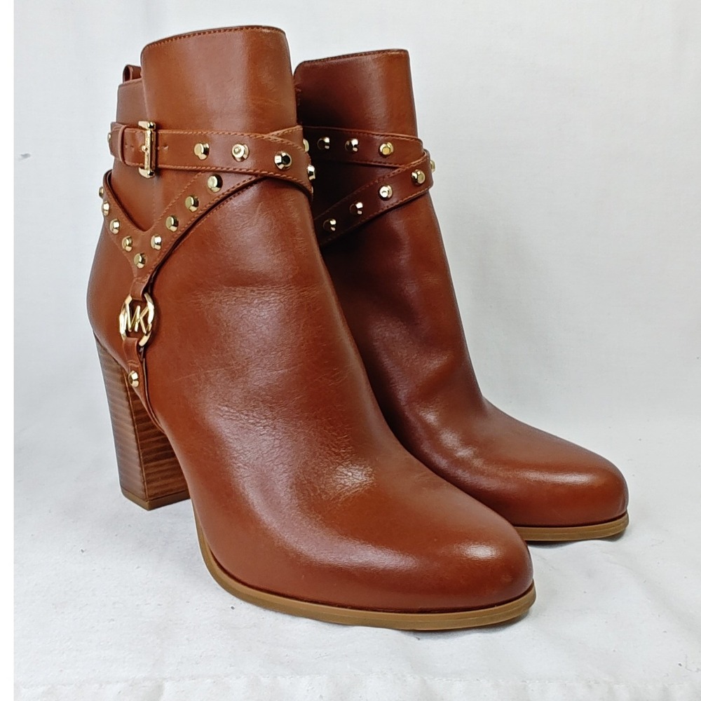 Michael Kors Kincaid Ankle Boots Brown Leather Studded Block Heel Logo 9M - Picture 2 of 9
